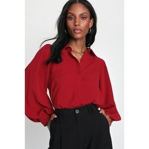 Lulus Effective Aesthetic Wine Red Long Sleeve Button Up Top - Size M